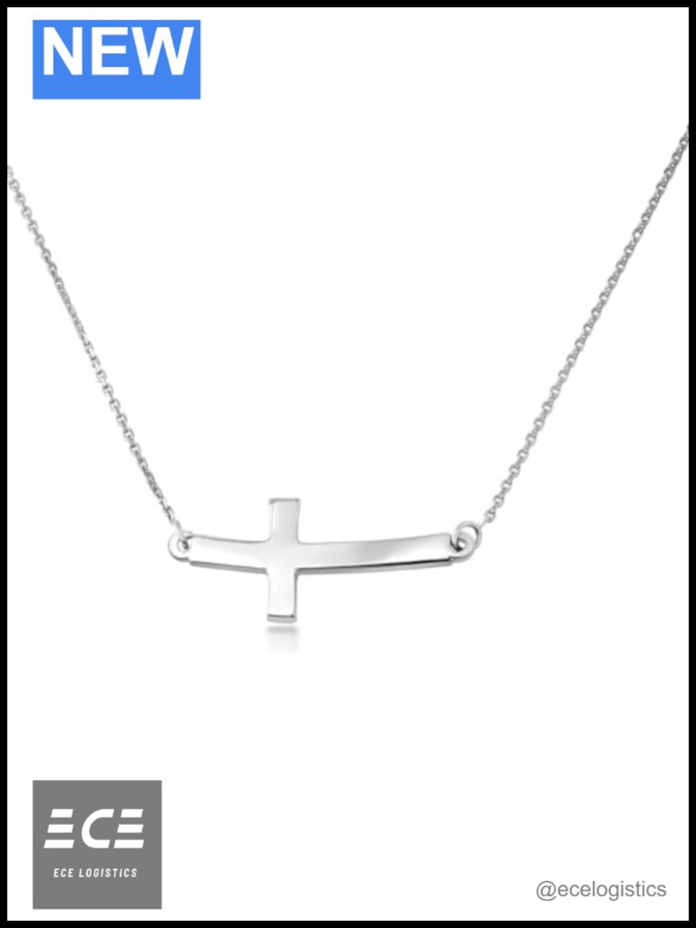 14K White Gold Sideways Curved Cross Necklace 16" Rolo Chain